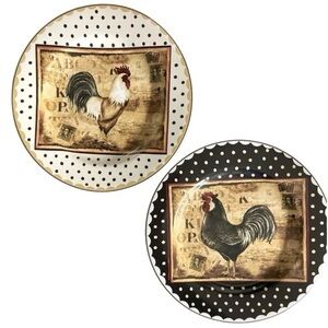 Set 2 SAKURA Retro Rooster Stoneware Plates KIMBERLY POLOSON barnyard farm Decor